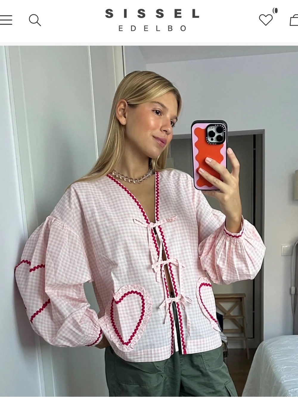 Sissel Edelbo Heart-Pocket Pink Gingham Tie-Front Top - Small